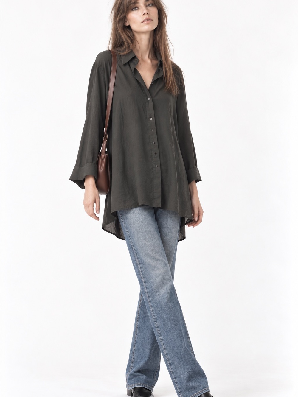 COS Olive Grey Relaxed Button-Front Tunic Shirt size 8